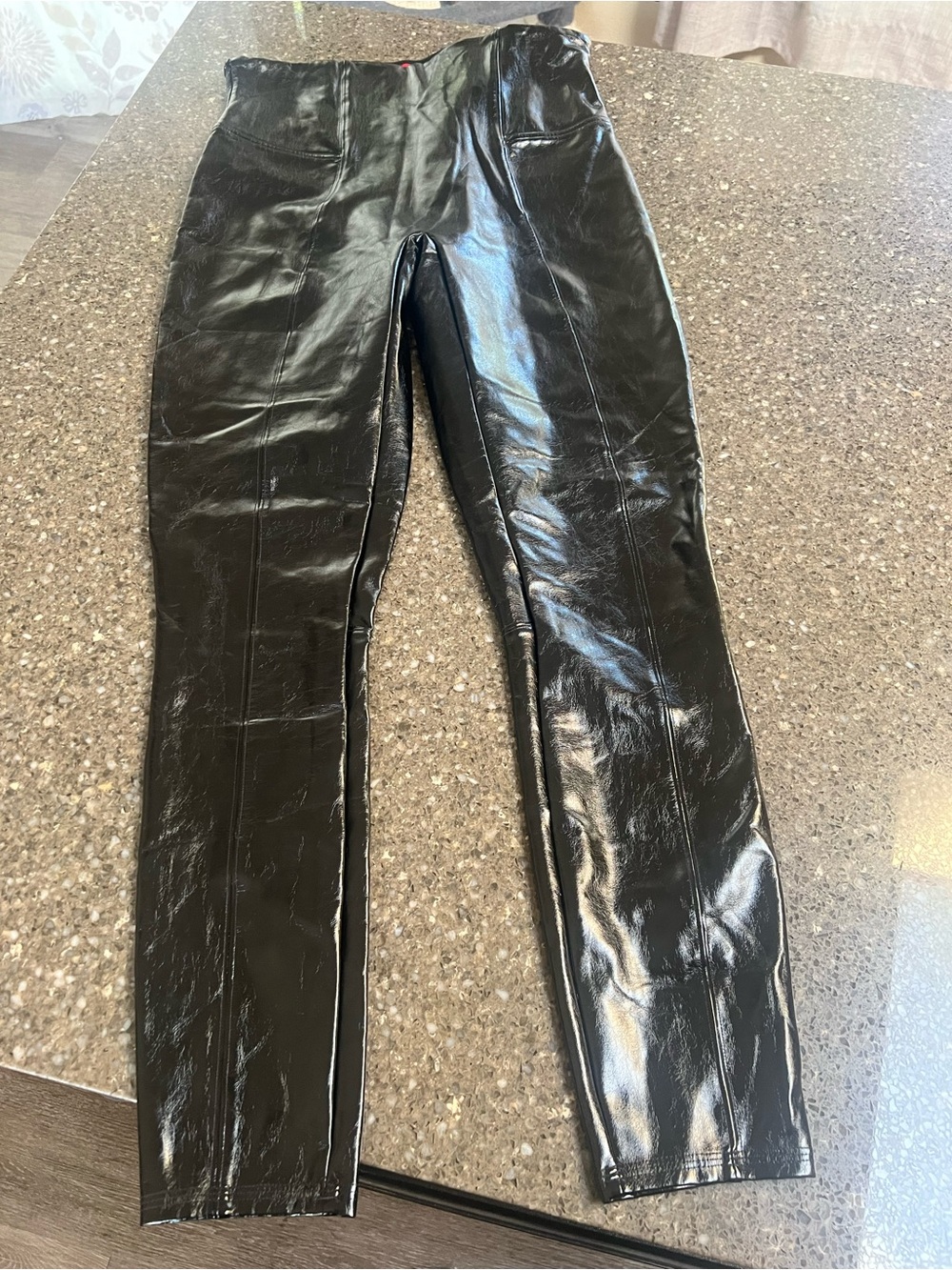 SPANX Black Shiny High-Rise Faux Leather Shaping Leggings Rock Goth MobWife L - Picture 3 of 9